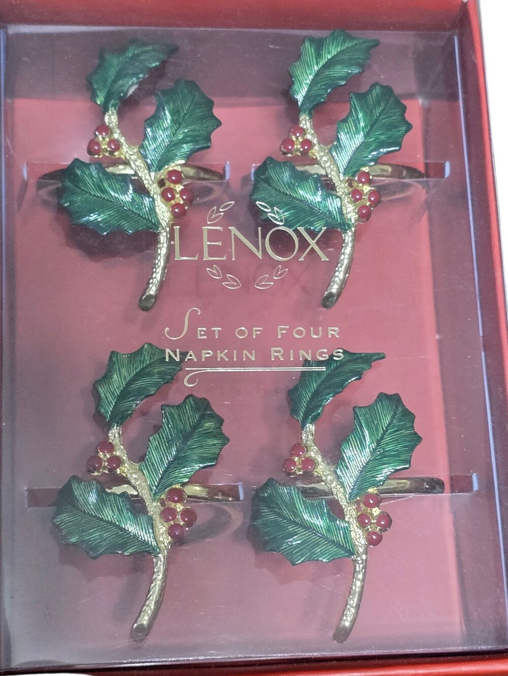 Lenox Green & Red Holly Napkin Rings Set